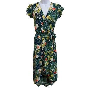 Scobe Tropical Leaf Print Wrap Midi Dress Tie Waist Resortwear Cruise Boho Small